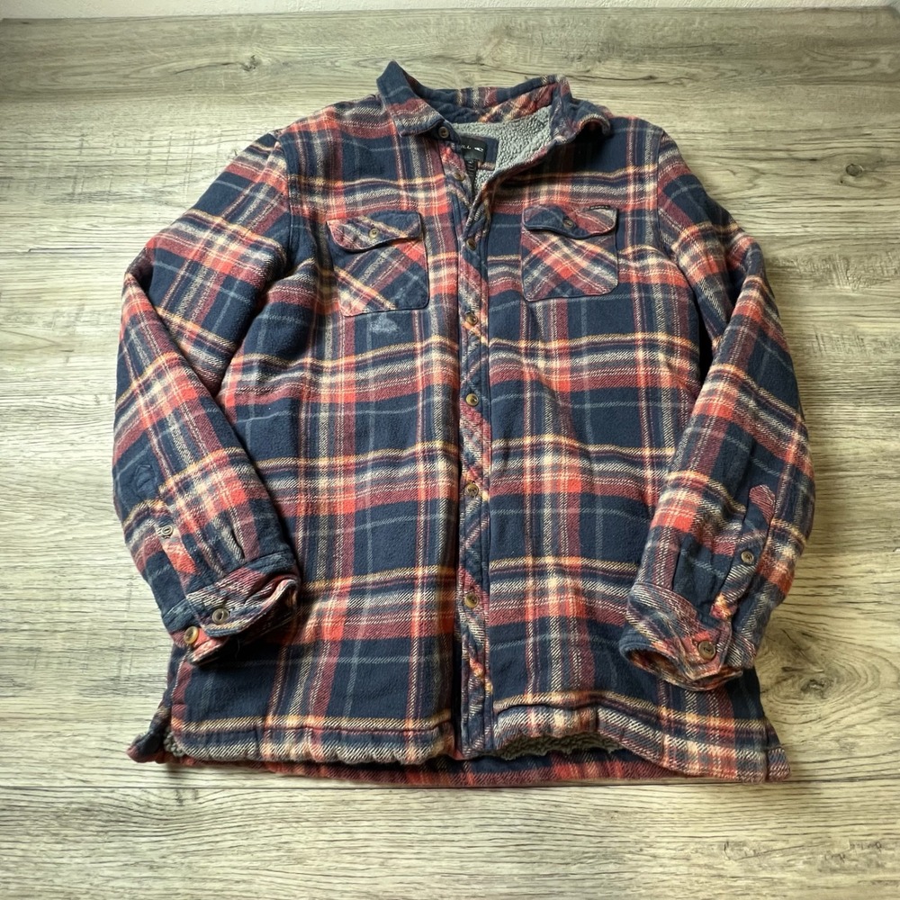 O'Neill Flannel Shirt Jacket Mens Large Navy Blue Red Plaid Sherpa Lined Shacket
